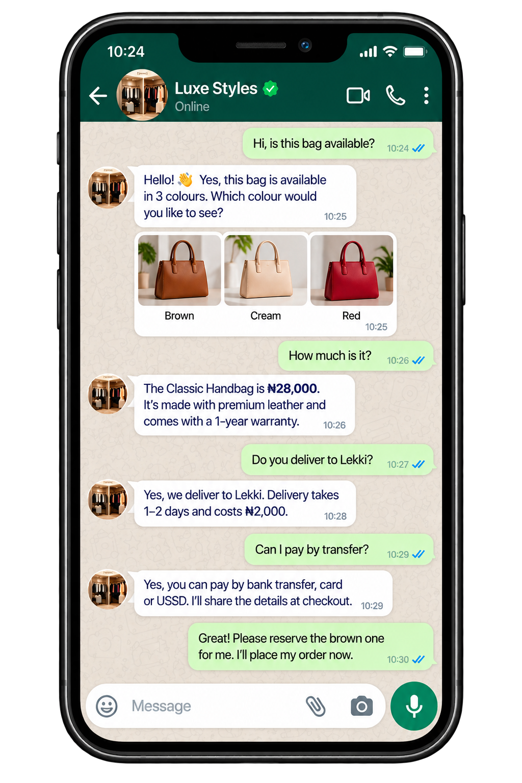 StoreFront Sales Agent answering product, price, delivery and payment questions in WhatsApp